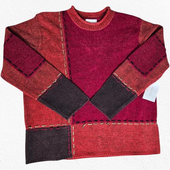 90s Vintage Red Patchwork Chenille Soft Deadstock Crewneck Sweater Size XL - Picture 1 of 9